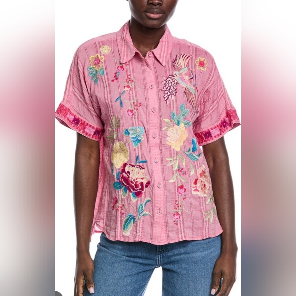 Johnny Was Pink Floral Embroidered Blouse